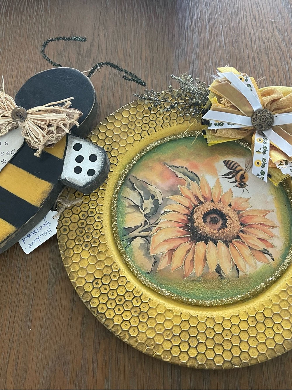 Sunflower & Bee Honeycomb Wall Art - Yellow Accent Handmade Gifts